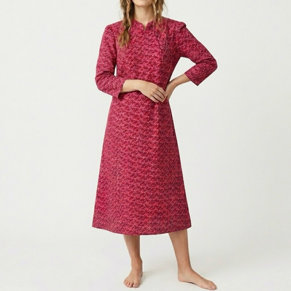 Vintage Handcrafted A-Line Midi Pink Red Geometric Mid Century 70’s House Dress
